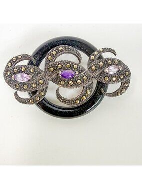Antique Chaim Litwin Sterling Silver Marcasite Amethyst Onyx Art Deco Brooch